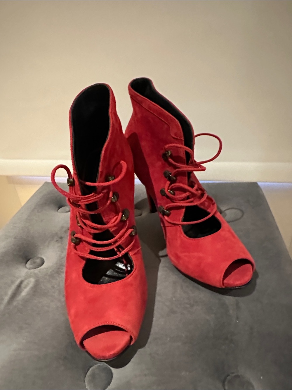 Roberto Di Villi Red Orange Suede Lace-Up Heels Size 38